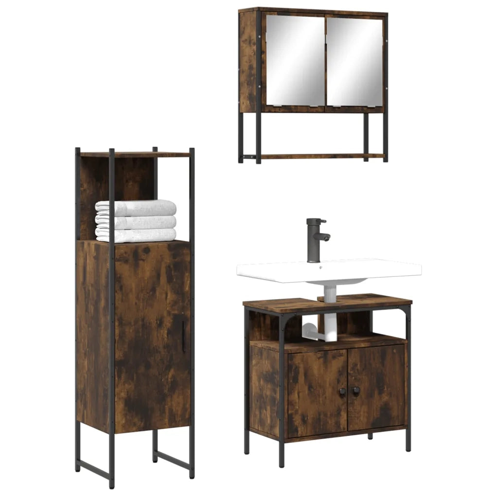 Set Mobili da Bagno | Armadio da bagno 3 pz Rovere Fumo in Legno Multistrato