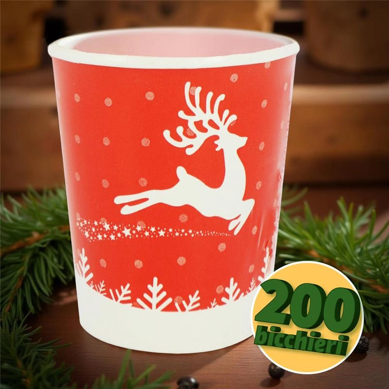 BICCHIERI DI CARTA DI NATALE ROSSO CON RENNA 200PZ 200CC