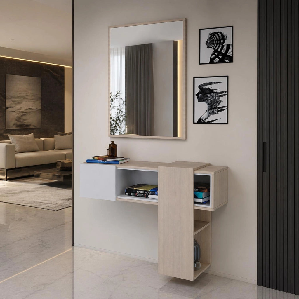 Mobile Da Ingresso Con Mensola Sospesa Specchio E Ripiani Scorrevoli Mobiletto Arredo Per Sala 100 X 31.5 X 75 Cm Bianco E Rovere