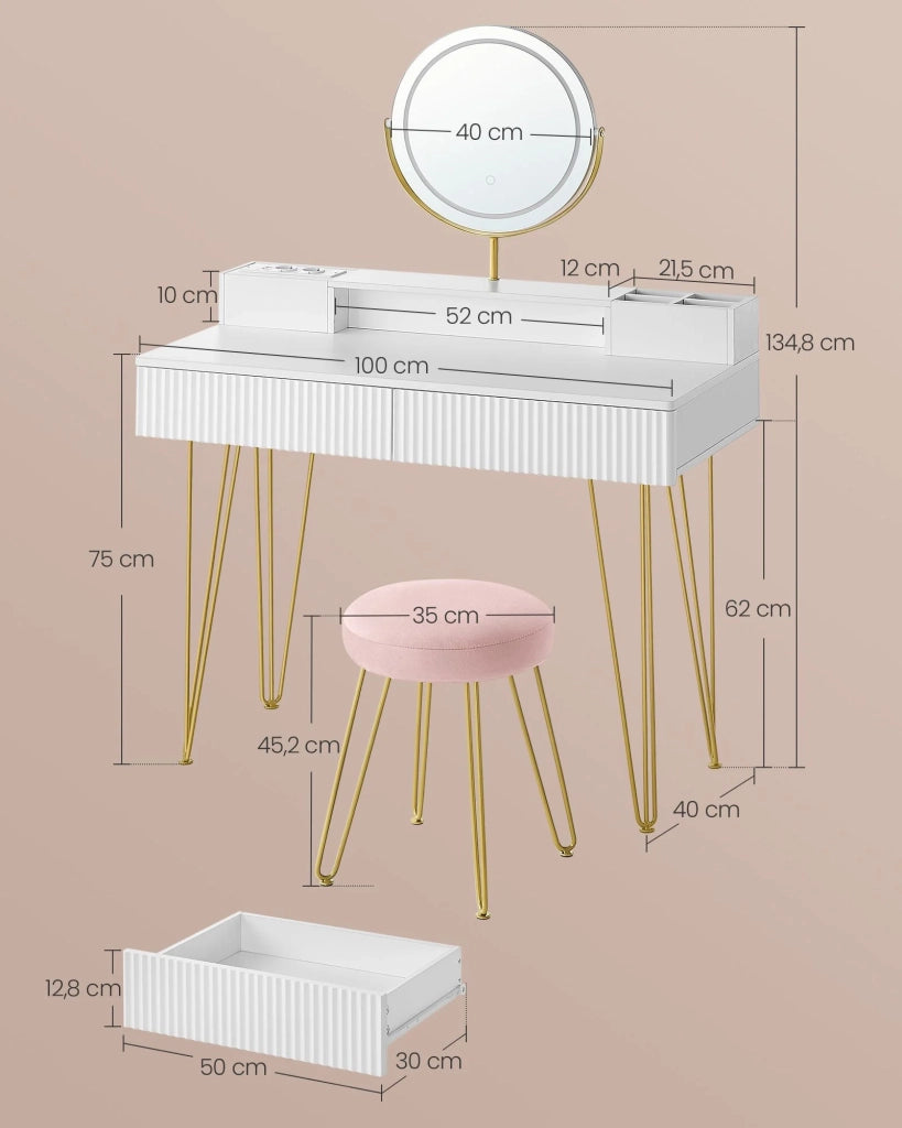 Tavolo da toeletta con specchio girevole e sgabello tavolo da toeletta con specchio illuminazione e ciabatta sgabello imbottito per camera da letto tavolo da toeletta 40 x 80 x 134,8 cm bianco 12_0005164