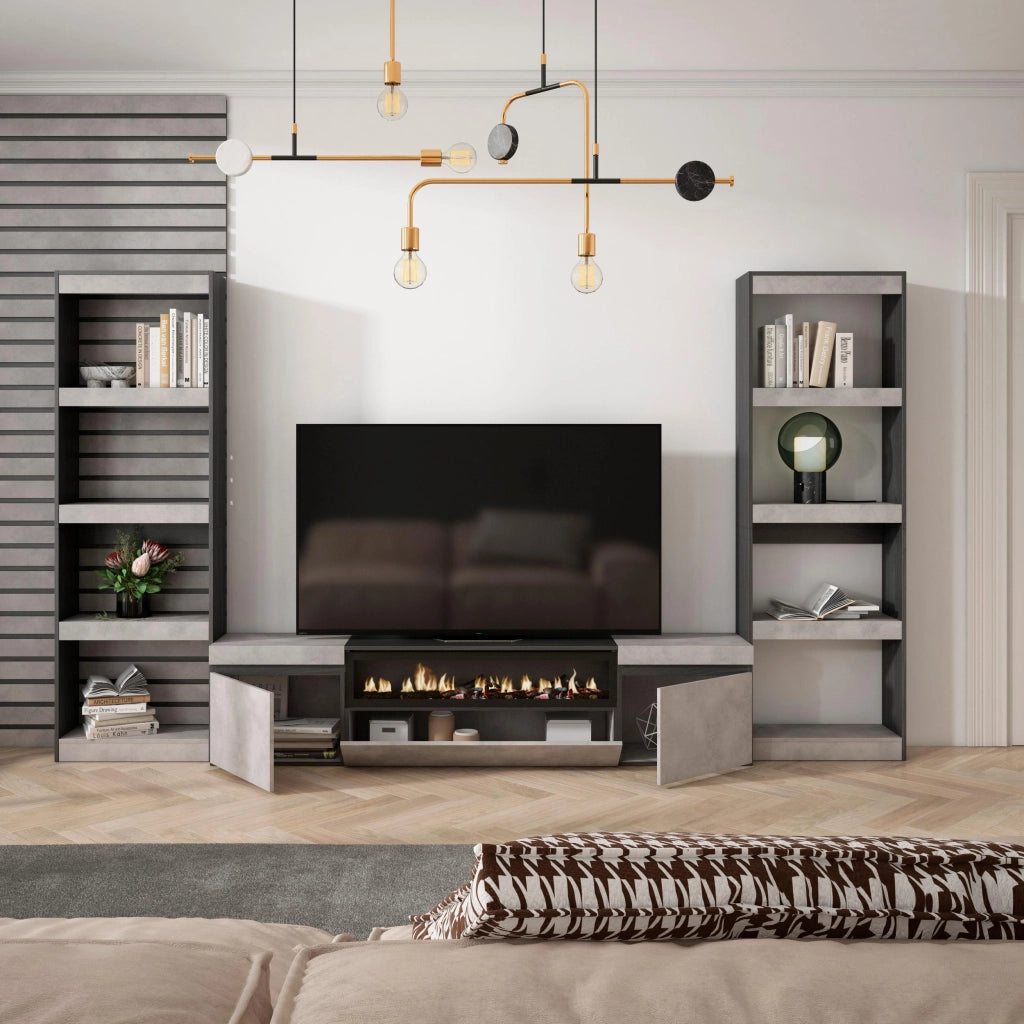 Mobile TV, Soggiorno, 320x35x186cm, Per TV fino a 80", Camino elettrico, grigio cemento RF2607