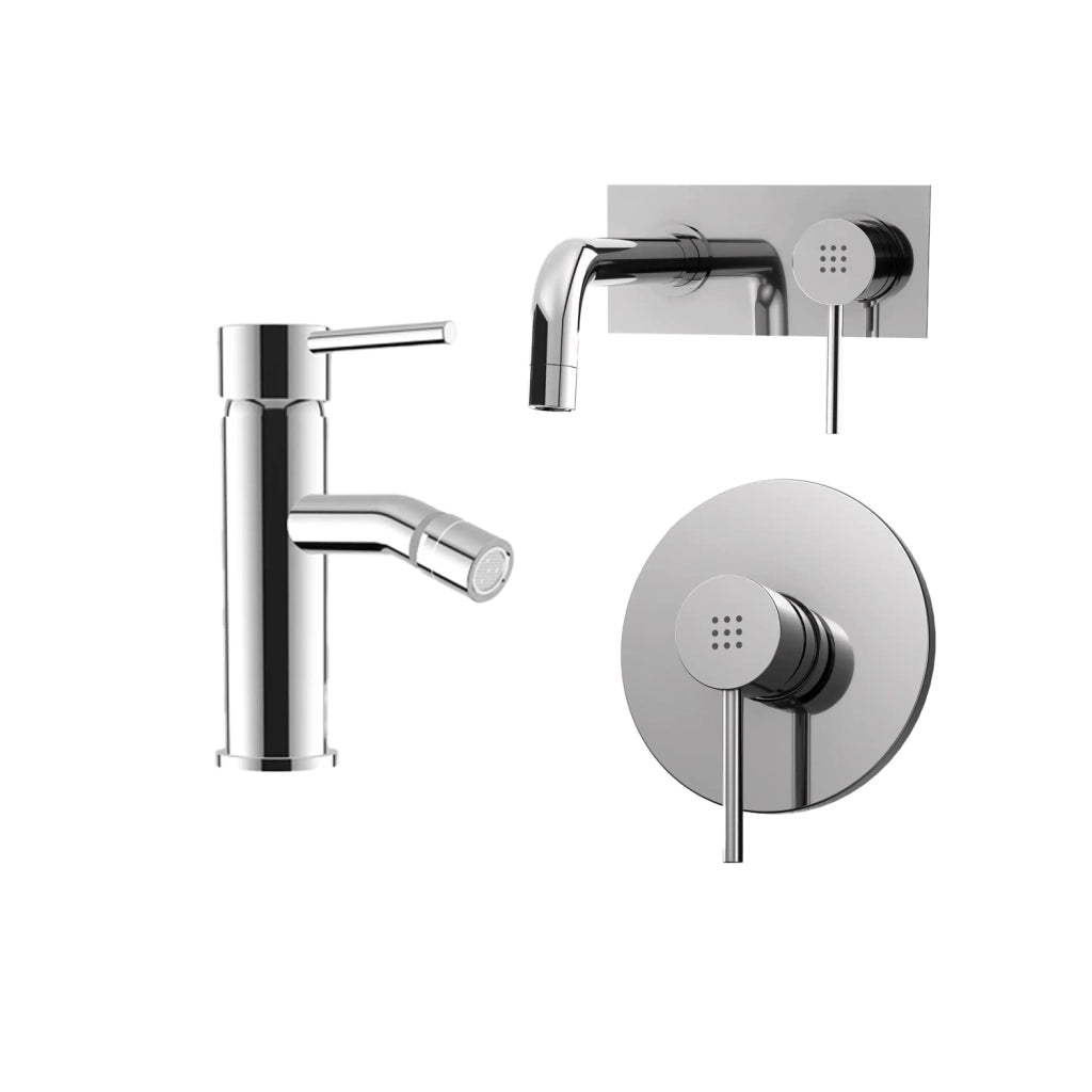 Set miscelatore lavabo ad incasso e bidet senza scarico ed incasso doccia in ottone cromato | Ava