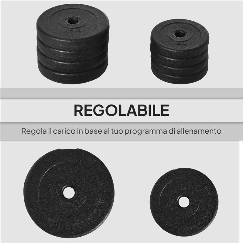 SET MANUBRI PESI 20 KG (4X2.5 KG, 4X1.5 KG) CON 8 DISCHI E 2 MANUBRI DA 2 KG, 43X18X7.5 CM, NERO