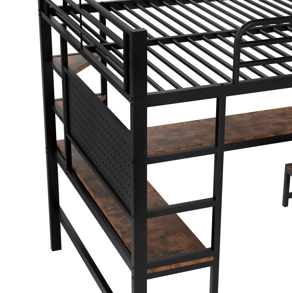 Letto a soppalco ULEVR 140x200 cm con scrivania, ripiani, LED, presa USB e Type-C, metallo e MDF nero