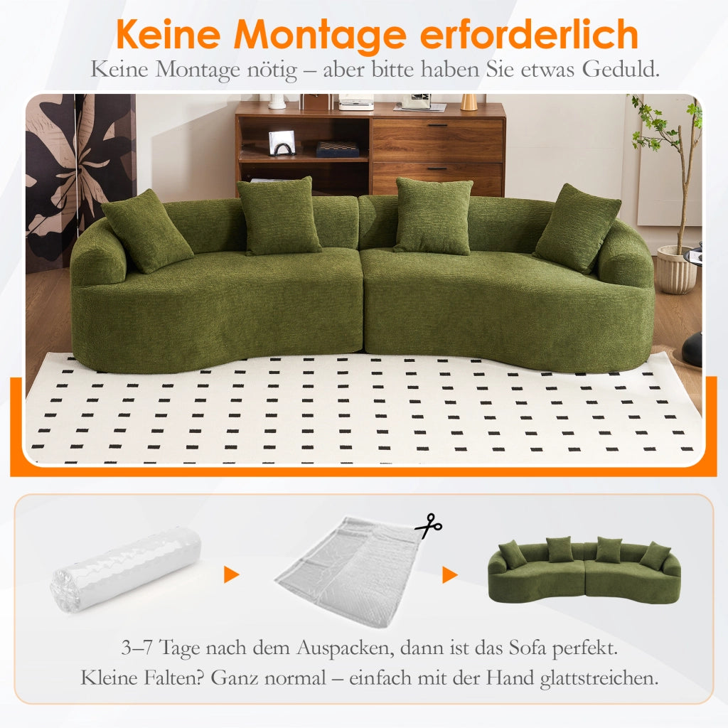 Divano 4 posti curvo in chenille con design lussuoso, morbido e senza montaggio, facile da spostare, verde