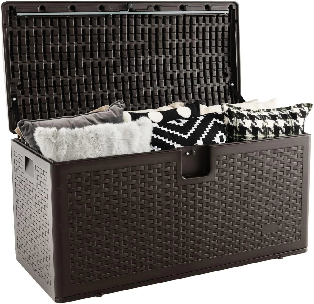 Cassapanca Per Esterni in Metallo e PE Rattan, Contenitore Impermeabile da 276 L, con Chiusura a Chiave, 114 x 54 x 56 cm, Marrone
