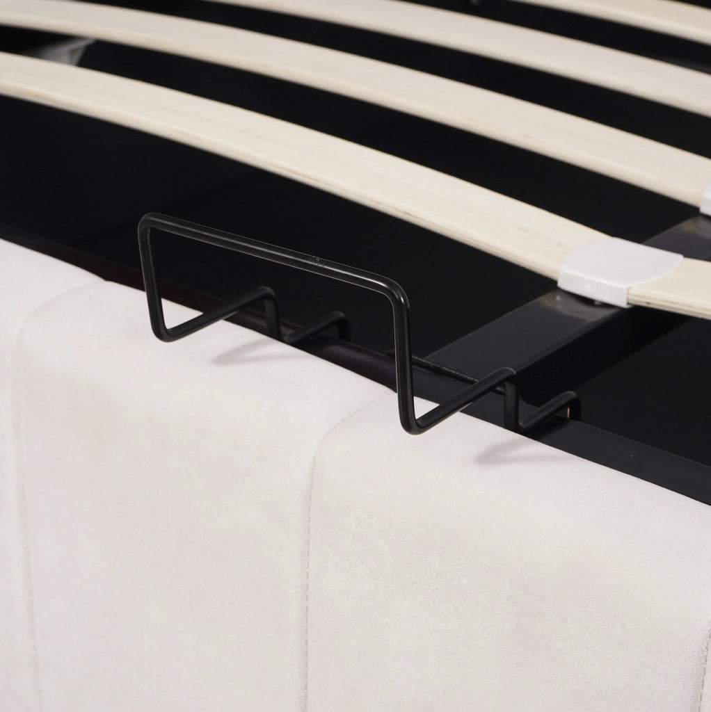 Letto imbottito 140x200 cm; contenitore idraulico; velluto; bianco crema (Senza materasso)