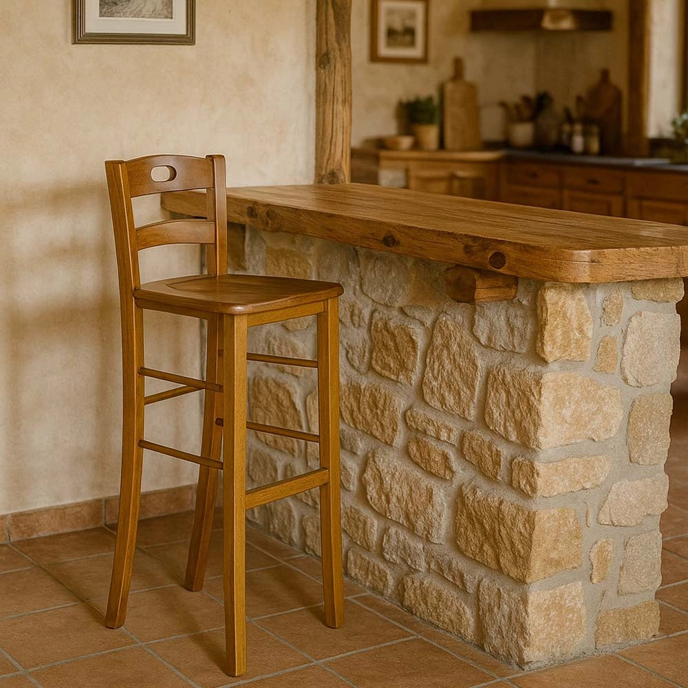 Sgabello snack h 80 cm in legno noce chiaro con manico e seduta in massello
