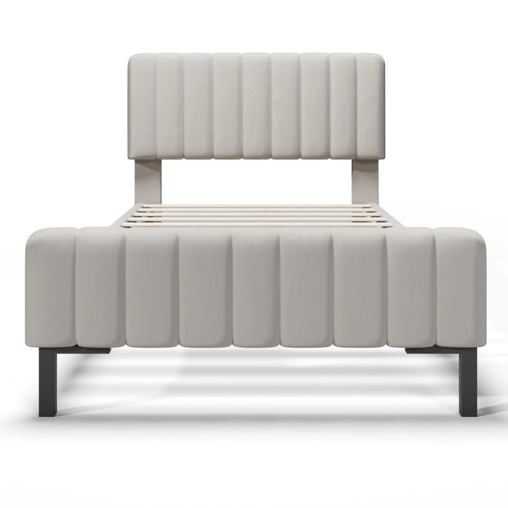 Letto imbottito 90x200 cm grigio-beige con materasso H3 e testiera regolabile