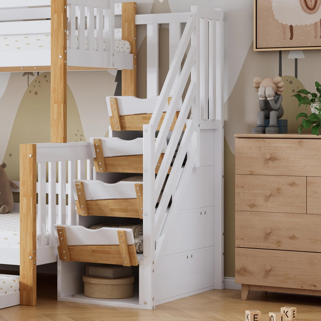 Letto a castello con letto estraibile, scala contenitore e sponde di sicurezza
