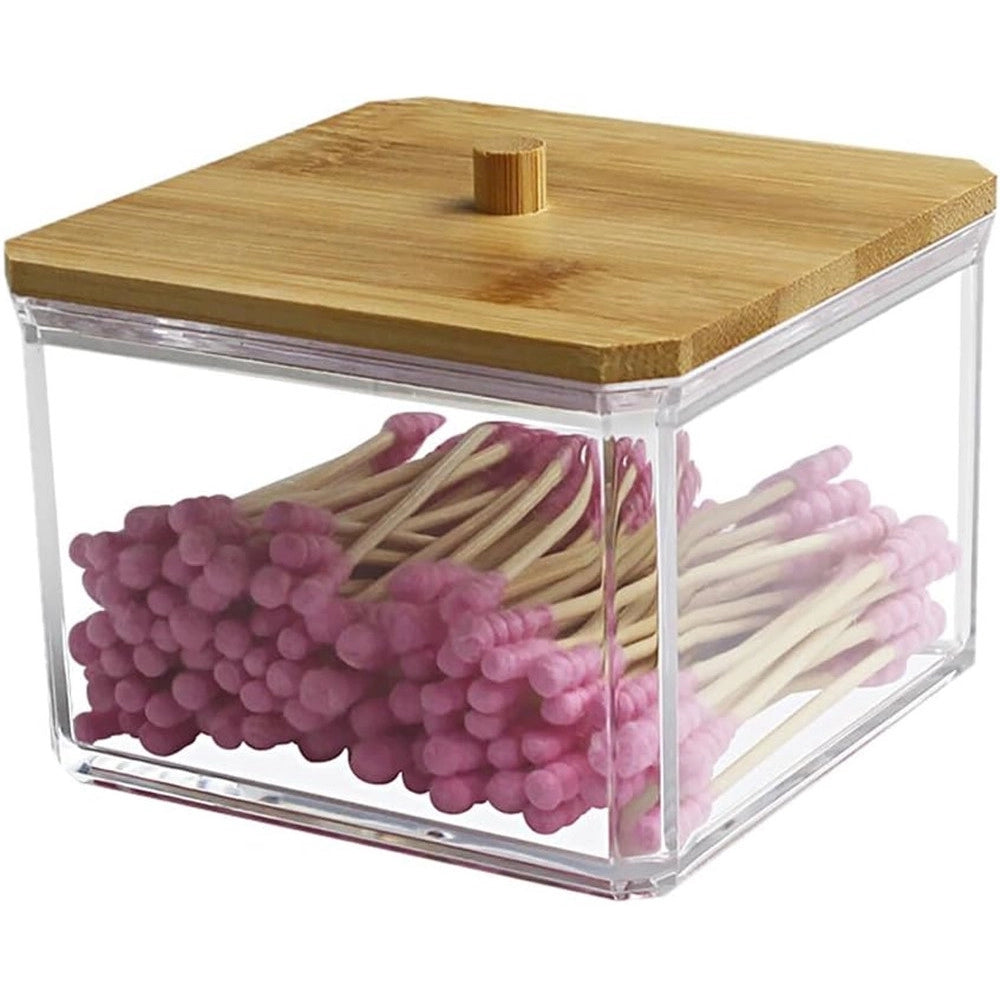 Trade Shop - Contenitore Organizer Cosmetici Toeletta Quadrato Trasparente Con Coperchio In Legno 10826 -
