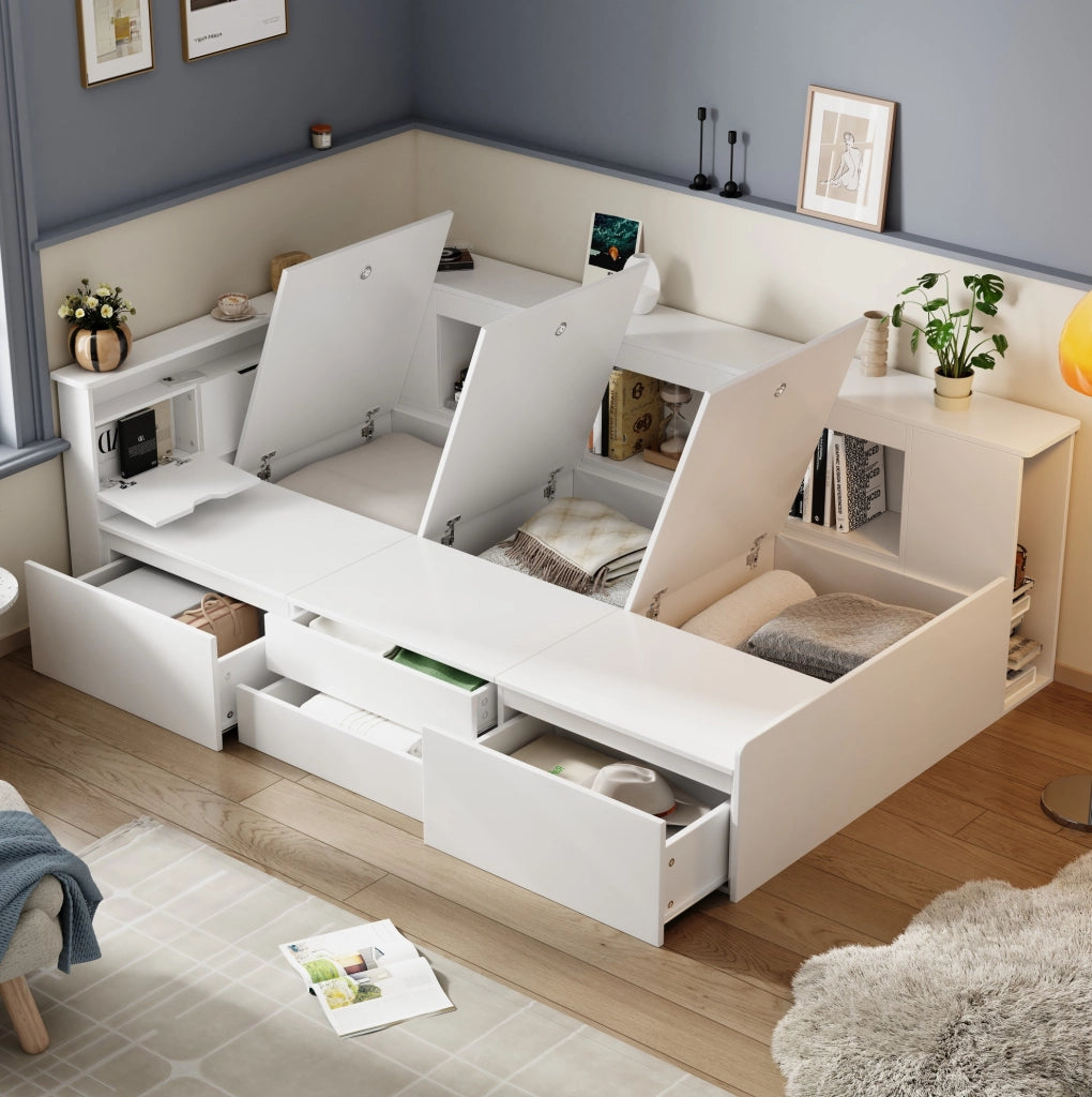 Letto per bambini 90x200 cm in MDF con 4 cassetti; librerie e spazio contenitore; bianco