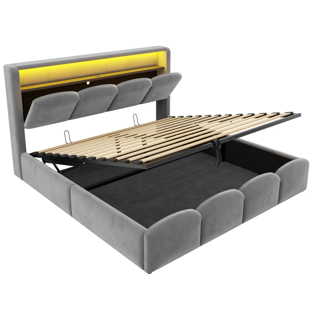 Letto imbottito 140x200 in velluto grigio con contenitore idraulico; LED; USB e Tipo-C