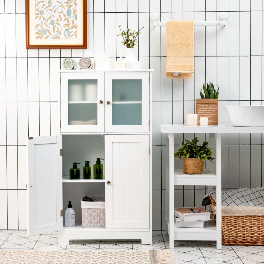 Armadietto del bagno con ante di vetro e mensole regolabili-Mobiletto da bagnoOrganizer multiuso per corridoio salone bagno Bianco
