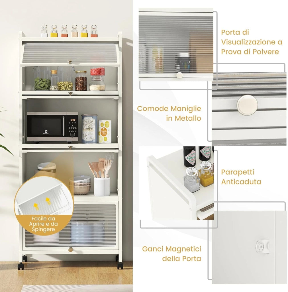 Armadio da Cucina a 5 Piani, Mobile per Microonde con Porte PC a Scomparsa, con 4 Ruote Girevoli, per Sala da Pranzo Soggiorno e Studio, 60x32x154 cm (Bianco)
