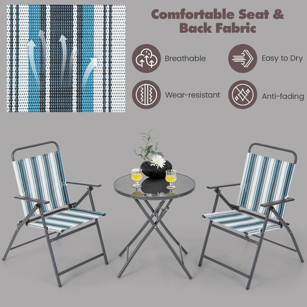 Set da balcone pieghevole da 3 pezzi, tavolo da bistrot con 2 sedie, set di mobili da giardino Teslin con tavolo rotondo e sedie pieghevoli, set di mobili da giardino per balcone cortile