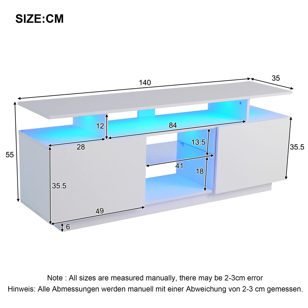 Mobile TV 2 ante e 5 vani con striscia LED controllata da app, per soggiorno, pannello bianco, 140 × 35 × 55 cm