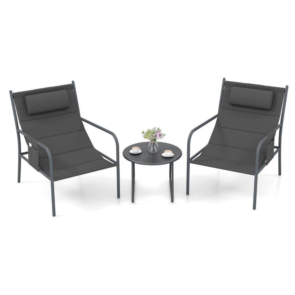 Set da bistrot per esterni 3 pezzi con sedile traspirante, Set da sedia e tavolino in metallo Grigio scuro-Set mobili da esterno