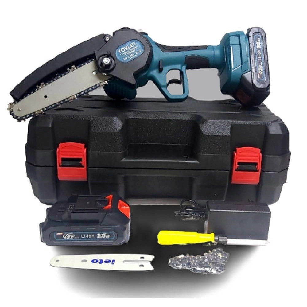 Trade Shop - Motosega 24v 2 Lame 4-6" Serbatoio Olio Tagliarami Elettrosega 2 Batterie Elettrica -