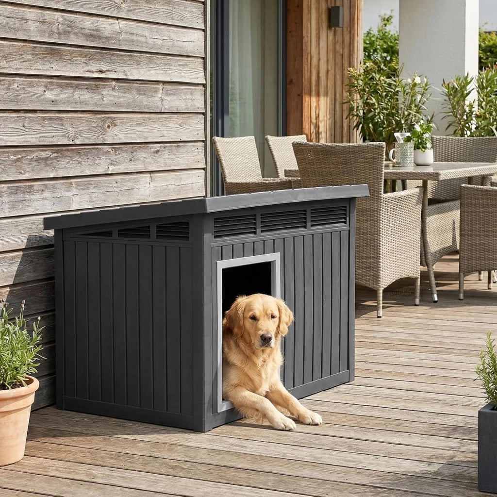 Cuccia per Cani, Cassetta per Animali Domestici in PP con Tetto Inclinato Apribile, Finestre Ventilate a Lamelle e Soglia Rialzata, Cuccia da Interna ed Esterna, 81 x 64 x 61 cm