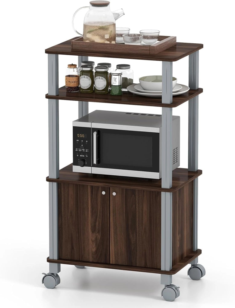 Carrello da Cucina a 3 Livelli per Microonde, Carrello Portaoggetti con Ruote e Armadio con Porta, Carrello di Servizio in Legno, Organizer per Sala da Pranzo, 60 x 40 x 98 cm (Marrone)