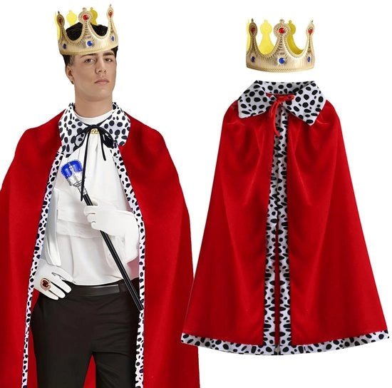 Costume da Regina - Cappotto di Velluto d'Oro 150 cm - Corona - Attore Teatrale - Costume da Festa - Abito Comodo - Costume da Regina