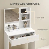 Tavolo da Trucco a 3 Ripiani e Cassetti con Specchio e Sgabello, in Truciolato, 75x40x137 cm, Bianco
