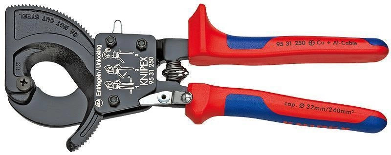 Knipex 95 31 250 Tagliacavi Manuale con Sistema a Cricchetto per Cavi in Rame e Alluminio Lunghezza 250 mm colore Blu Rosso