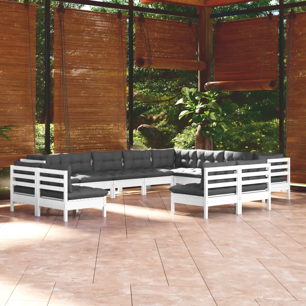 Set Divani da Giardino 12 pz con Cuscini Bianchi Legno di Pino 3096876