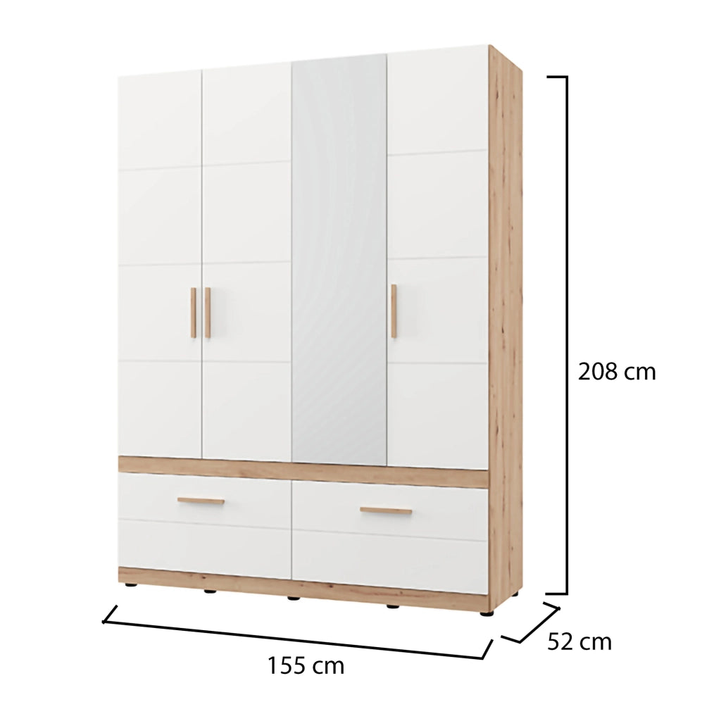 Armadio Camera da Letto Sayul, Guardaroba Grande 2 Cassetti, 155x208h cm Bianco Opaco