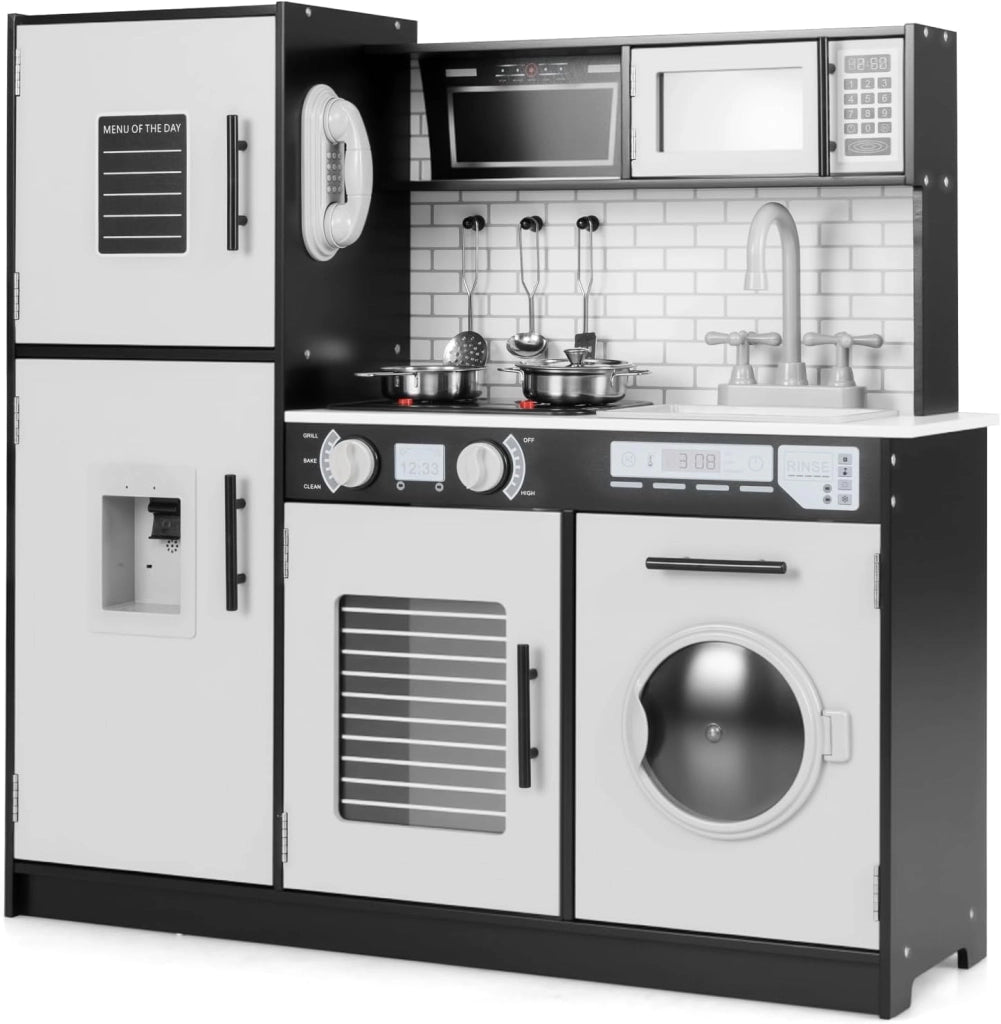 Cucina Giocattolo per Bambini, Cucina Legno per Bambini con Forno, Microonde, Lavatrice, Telefono, Lavello Rimovibile e Rubinetto Rotante, con Luci e Suoni, per Bambini di 3+ Anni (Nero)