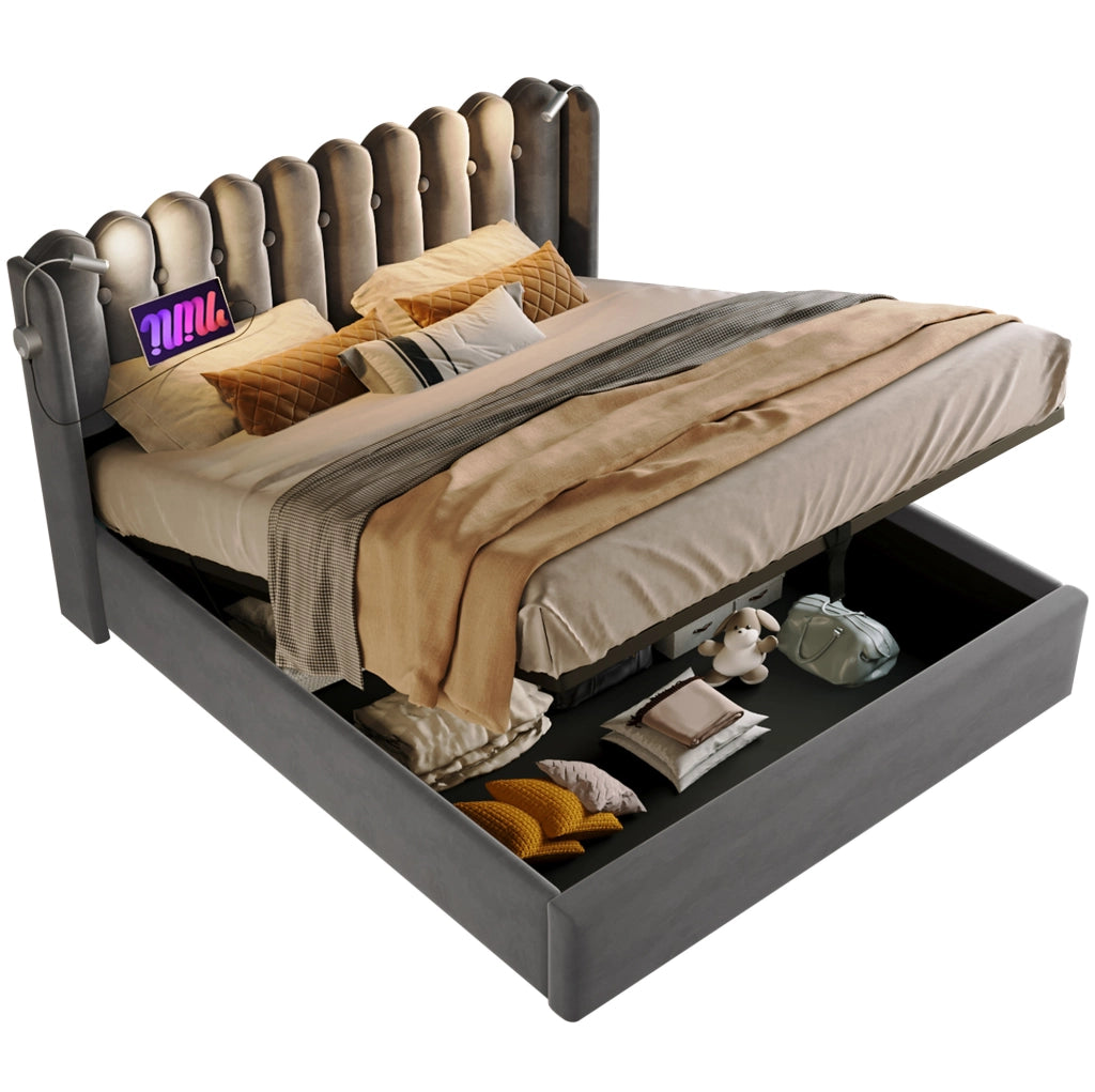 Letto imbottito 140x200 cm con contenitore; luce da lettura e USB in velluto grigio