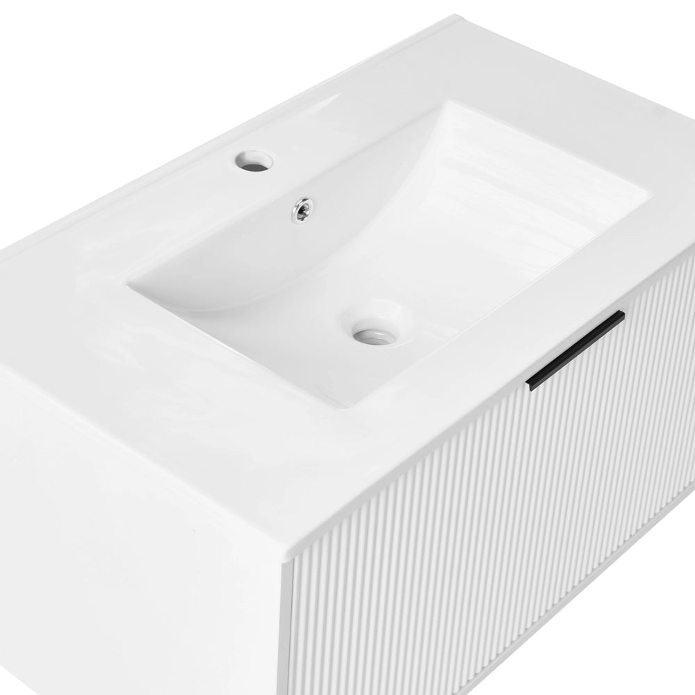 Mobiletto a muro con lavabo in legno massiccio Bianco con maniglia nera per il bagno 80 cm stile moderno
