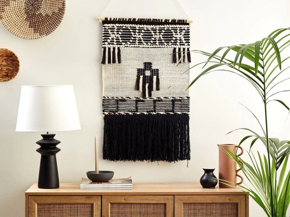 Decorazioni da parete in cotone nero beige nappa fatta a mano arte della parete motivo geometrico boho per soggiorno camera da letto