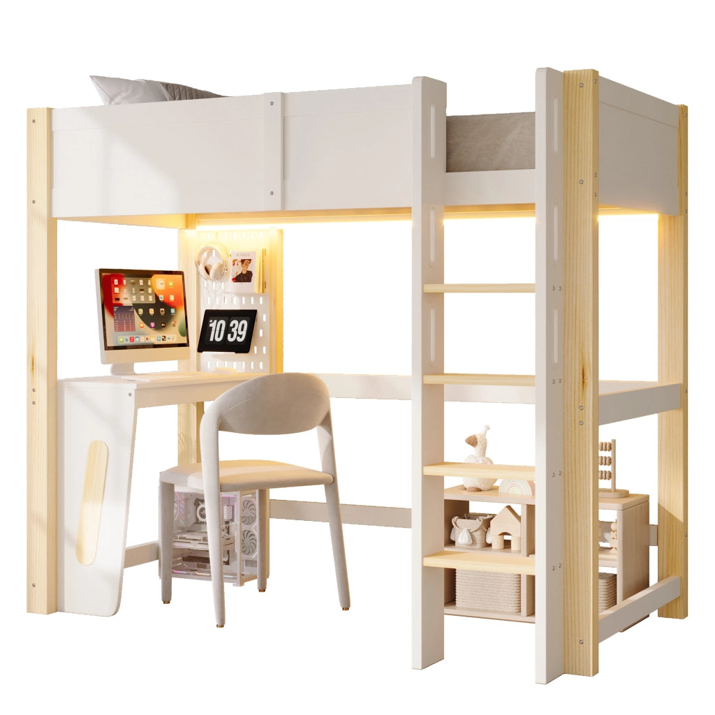 Letto a soppalco per bambini 90x200 cm, letto rialzato con scrivania integrata, pannello forato, illuminazione LED, pino, naturale e bianco