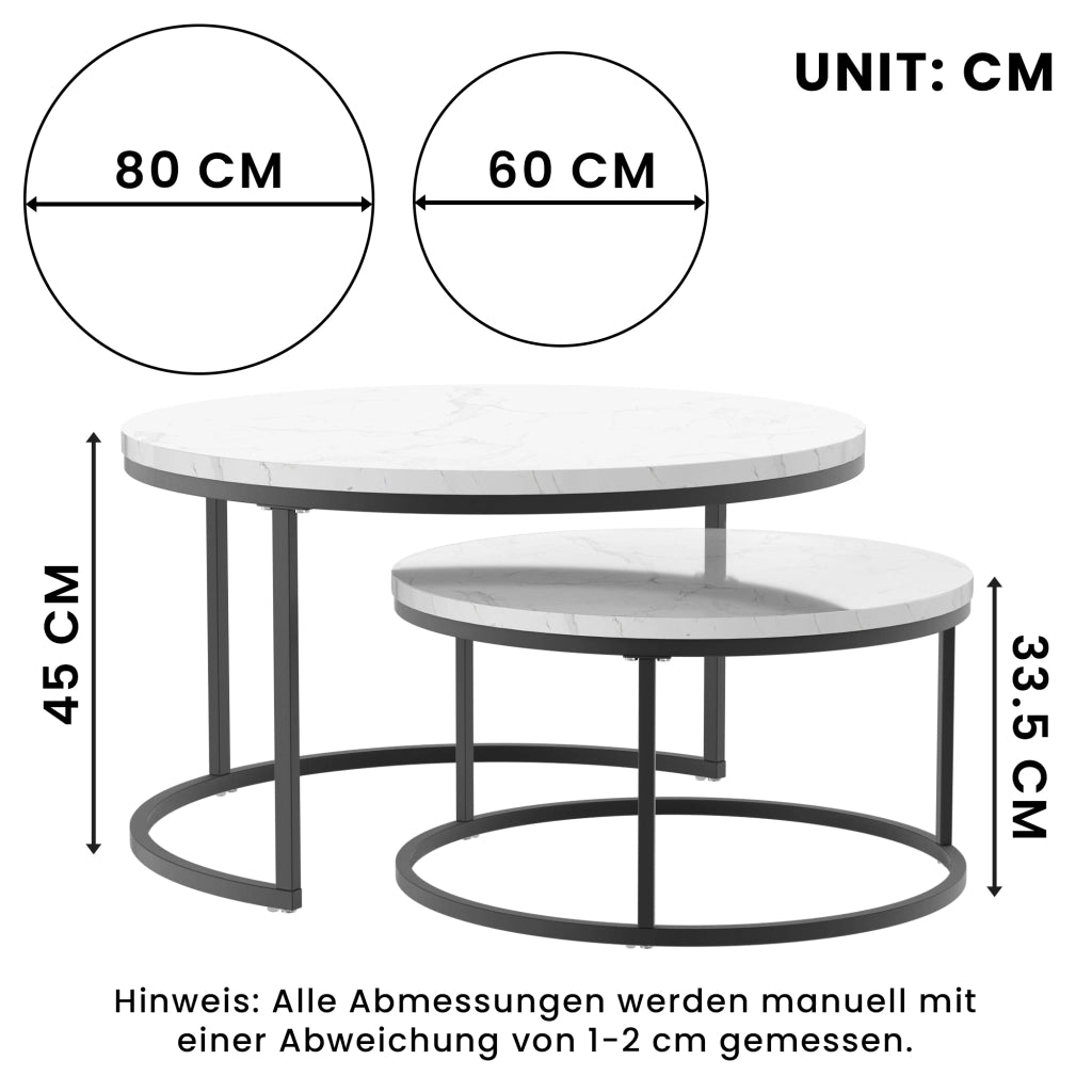 TAVOLINO DA CAFFÈ Set 2 Pezzi 80x45 cm Effetto Marmo Bianco con Struttura Nera