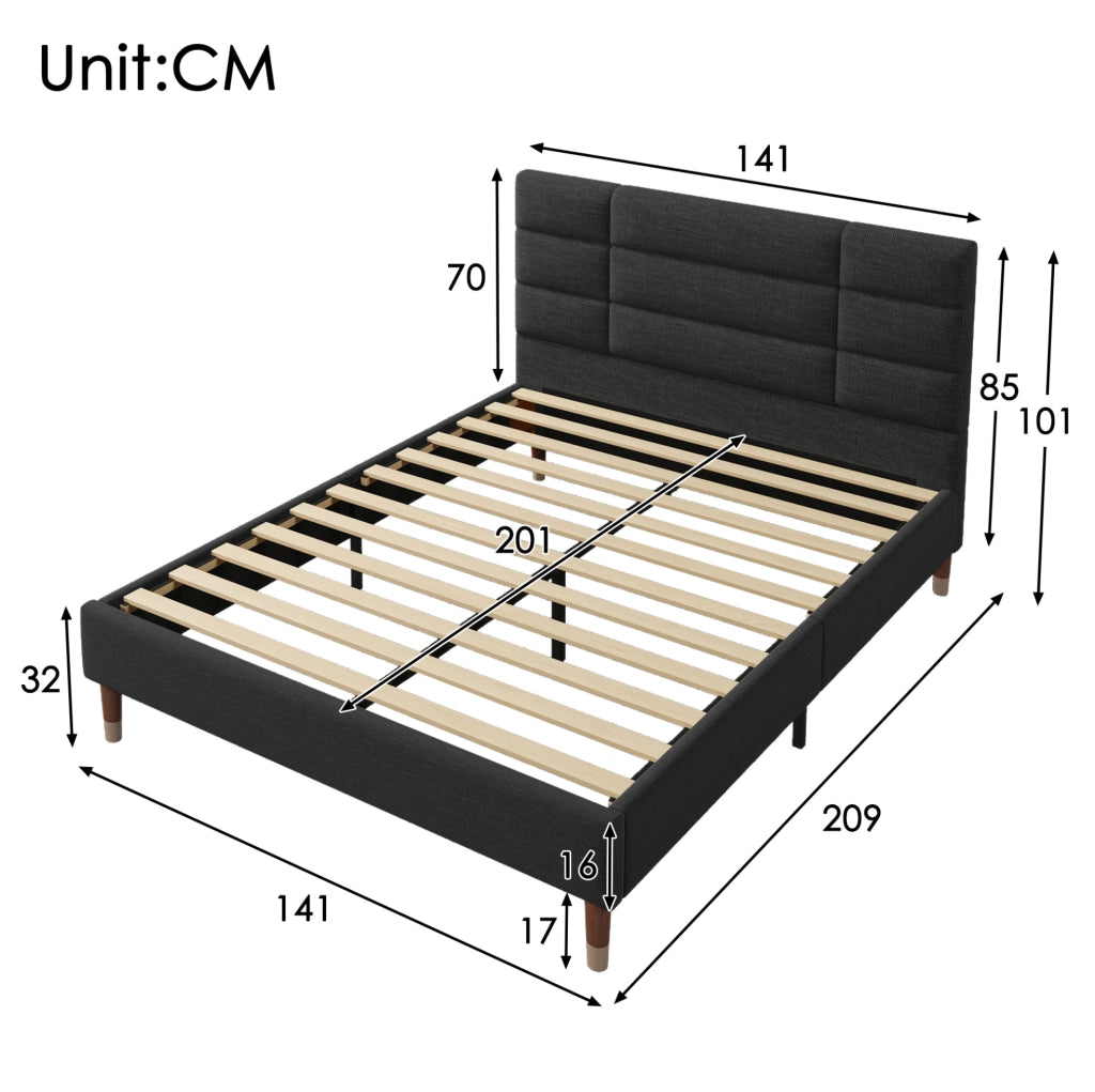 Letto imbottito 140x200 cm con rete; testiera comoda; legno; nero (Senza materasso)
