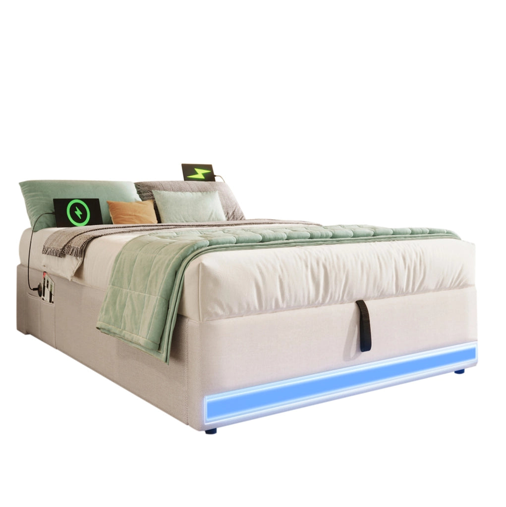 Letto imbottito 90x200 cm in lino con LED; porte USB e Type-C; contenitore idraulico; beige