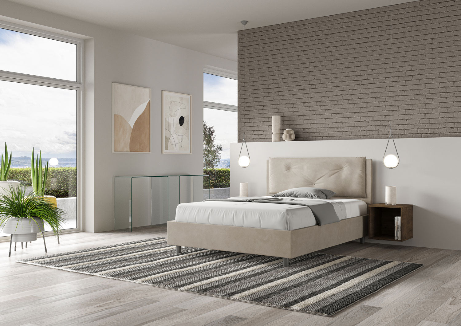 Letto Matrimoniale Francese 140x200 cm con Rete e Contenitore Imbottito in Microfibra Appia Large Sabbia