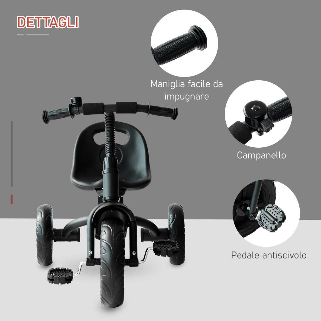 Triciclo per Bambini in Metallo Campanello Parafango Ruota Speciale Nero
