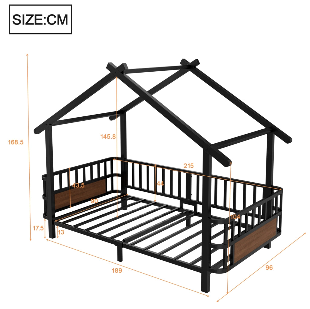Letto per bambini a casetta in metallo nero 90x200 cm