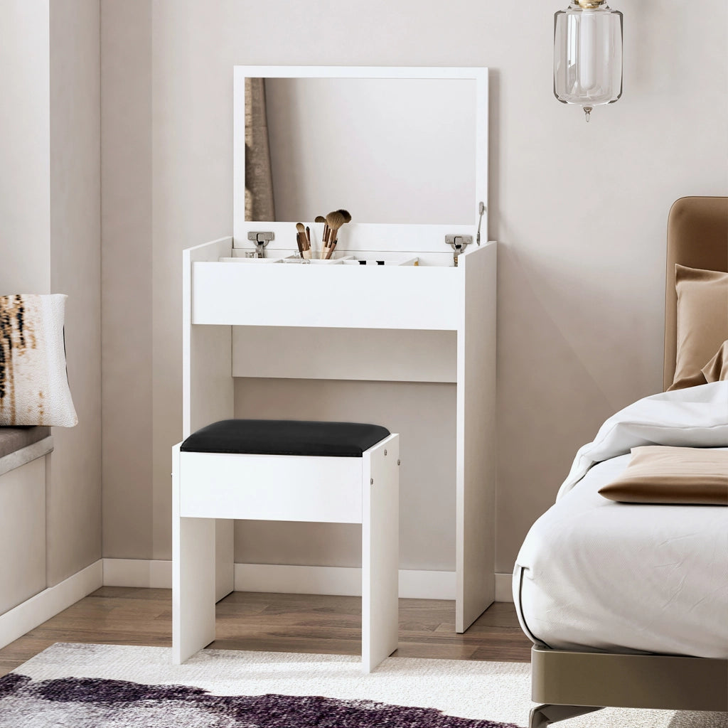 Postazione Trucco con Specchio Richiudibile ¨C Zephmum ¨C MDF Bianco, 60x40x79 cm