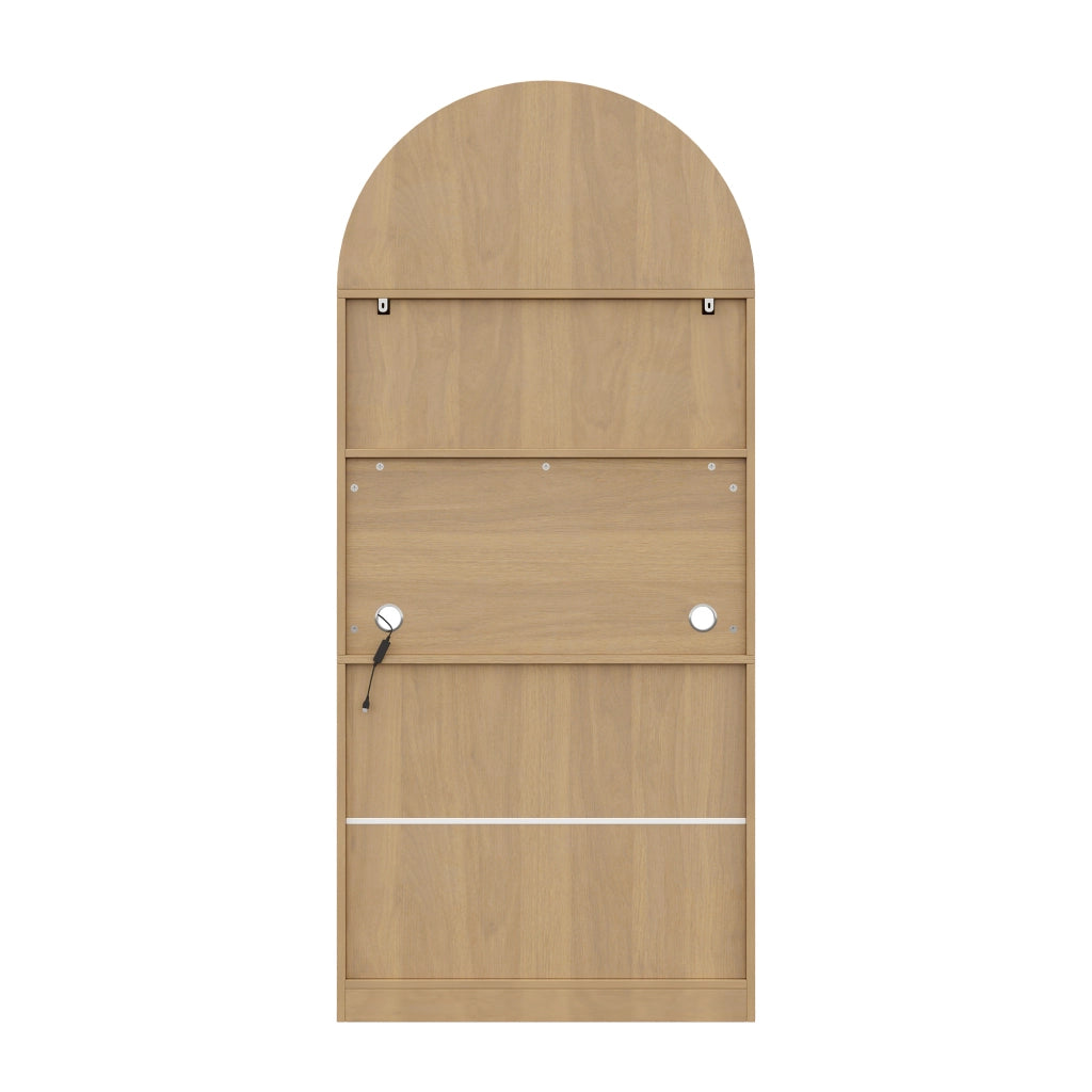Credenza con 2 ripiani, 1 vano espositivo, 3 cassetti e LED, per soggiorno, in MDF, rovere chiaro, 80 × 35 × 180 cm