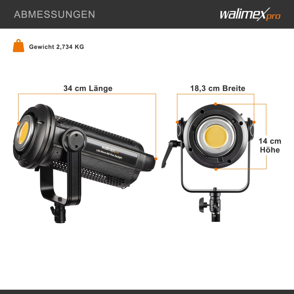 Niova Plus 500 Daylight, Faretto LED per fotografia, luce video 500 W dimmerabile, con riflettore Bowens e diffusore, con tecnologia COB-LED, per studio fotografico