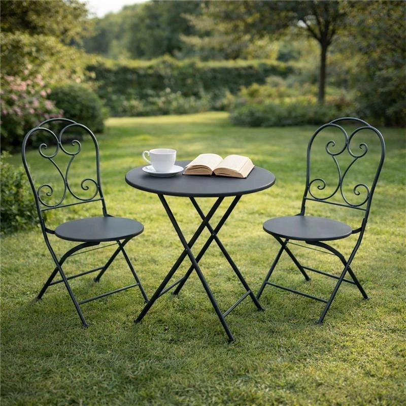 SET TAVOLO + 2 SEDIE IN METALLO GRIGIO SCURO PIEGHEVOLE PER GIARDINO