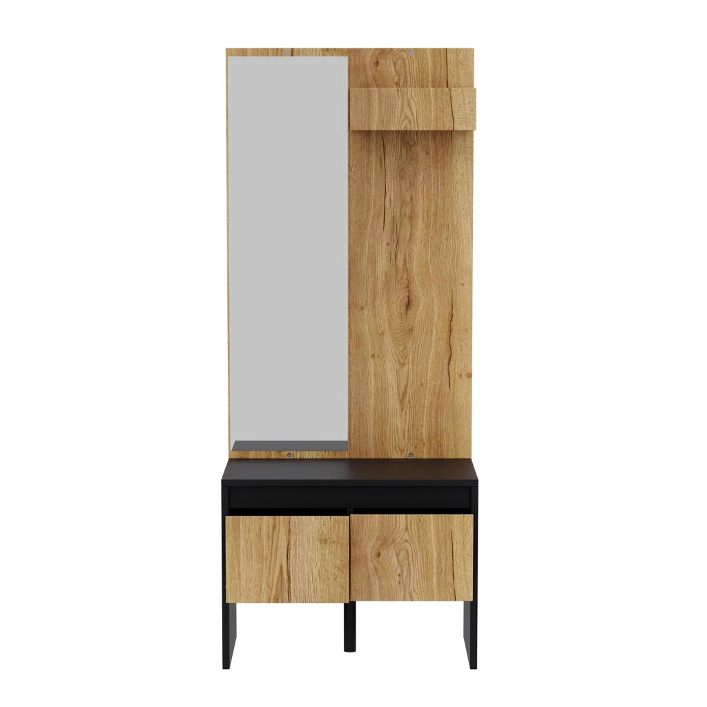 Set ingresso salvaspazio con appendiabiti, specchio, panca porta scarpe e 2 cassetti, colore naturale e nero, 60¡Á38¡Á145 cm
