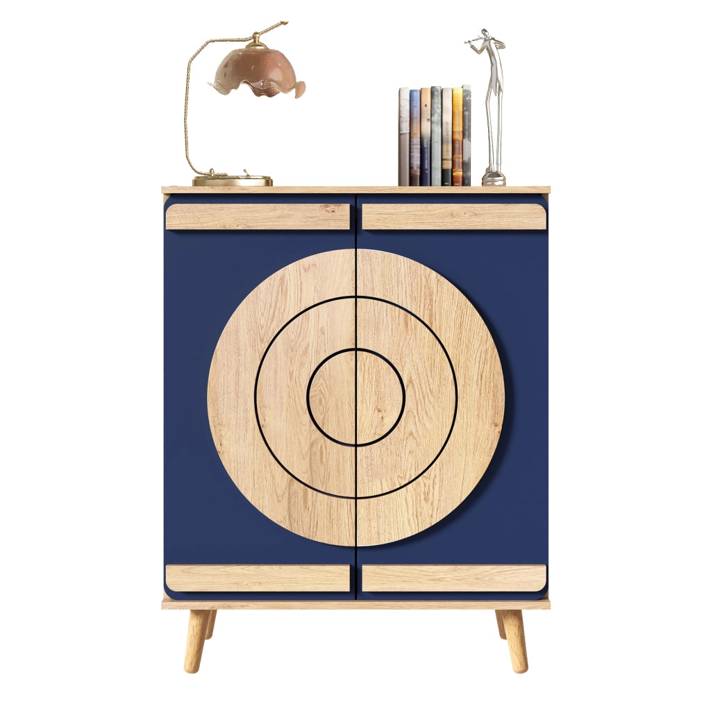 Mobile Scarpiera con 2 Ante geometriche Rotonde; 4 Ripiani; Stile Moderno; in Pannello truciolare; Blu; 76×37×98;5 cm