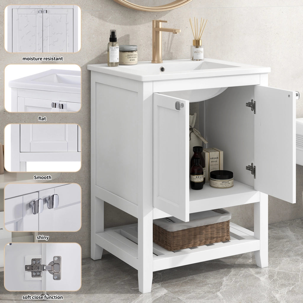Mobile sottolavabo con lavabo in ceramica da bagno con base a pavimento in legno massello e MDF bianco 60 cm