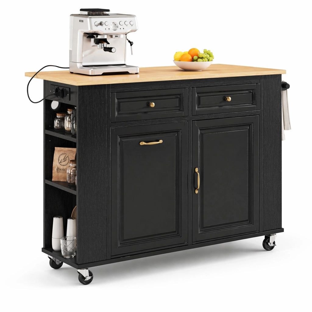 Isola cucina mobile nera 120x40-70x92 cm con prolunga, prese e vano contenitore