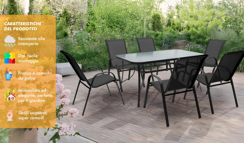 Set Tavolo Sedie Da Giardino 7 Pezzi, Tavolo Da Pranzo Terrazzo In Metallo Piano In Vetro Con Foro  Ombrellone 6 Sedia Da Esterno Impilabili Con Schienale Alto,Veranda  Nero